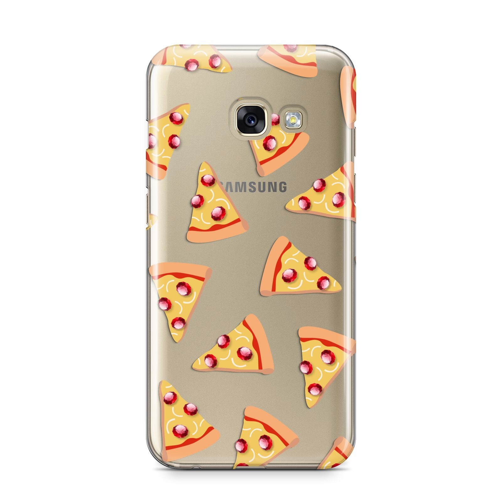 Rubies on Cartoon Pizza Slices Samsung Galaxy A3 2017 Case on gold phone