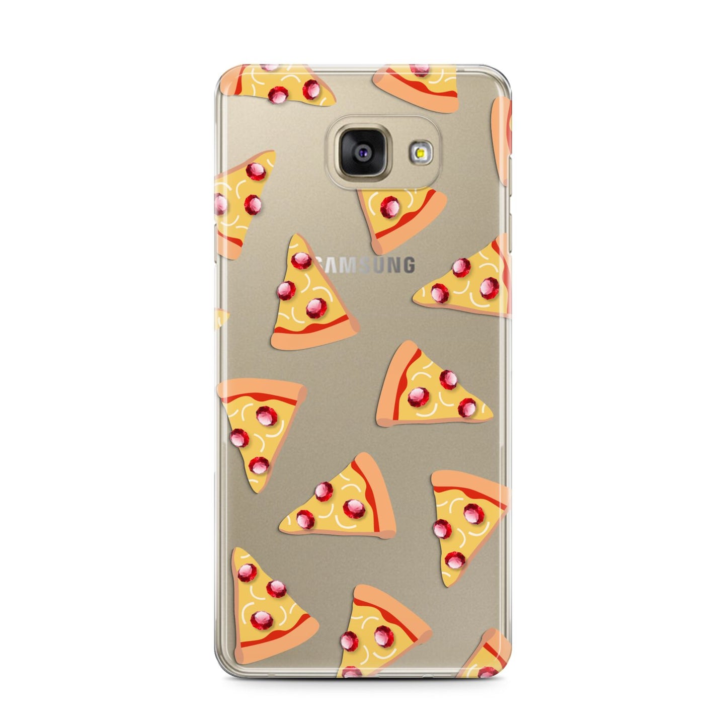 Rubies on Cartoon Pizza Slices Samsung Galaxy A7 2016 Case on gold phone