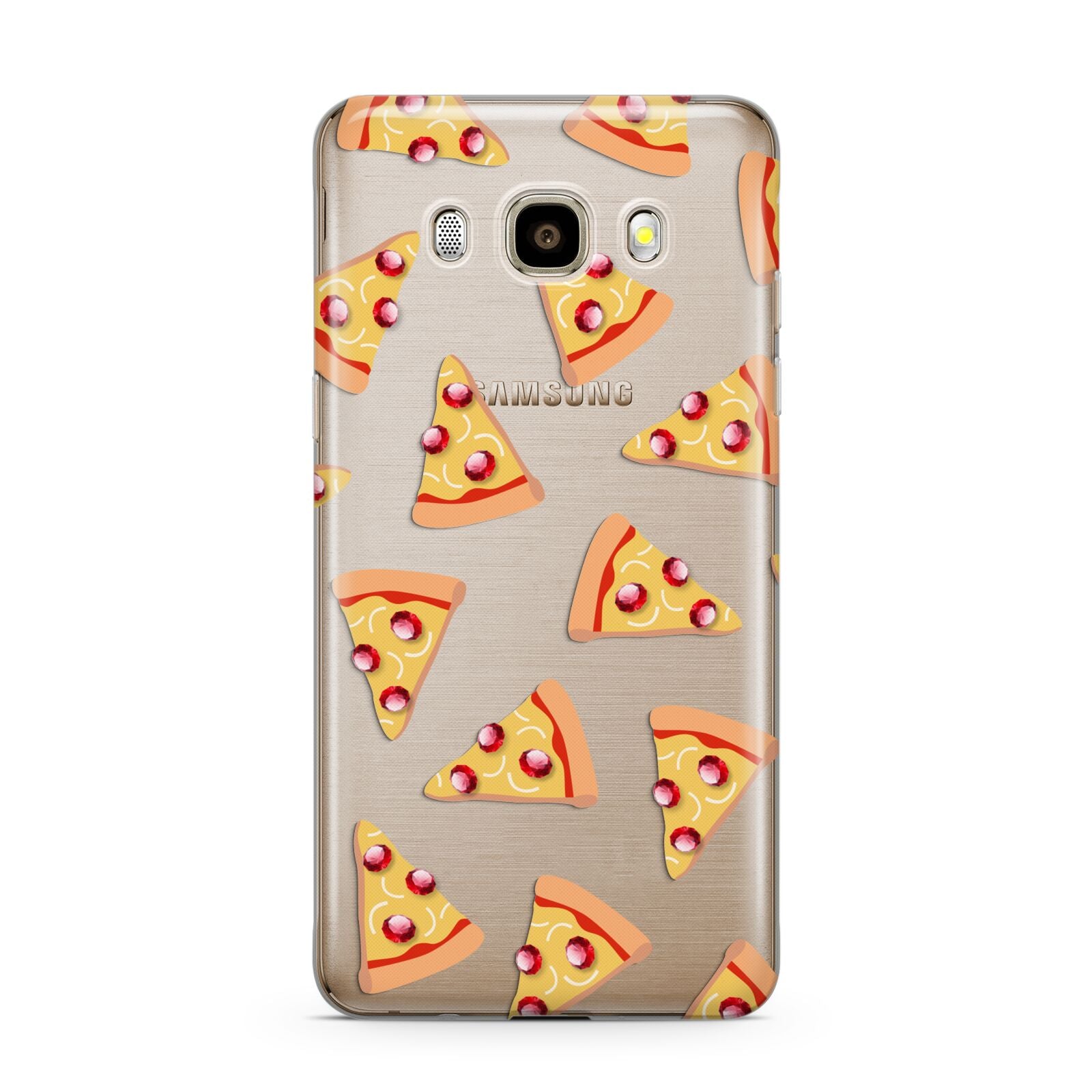 Rubies on Cartoon Pizza Slices Samsung Galaxy J7 2016 Case on gold phone