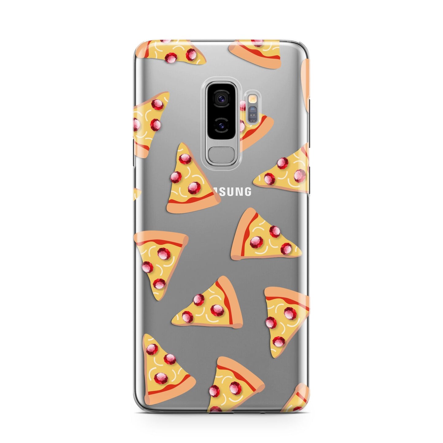 Rubies on Cartoon Pizza Slices Samsung Galaxy S9 Plus Case on Silver phone