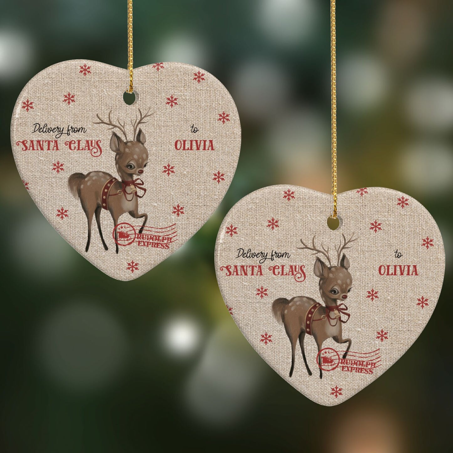Rudolph Delivery Heart Decoration on Christmas Background