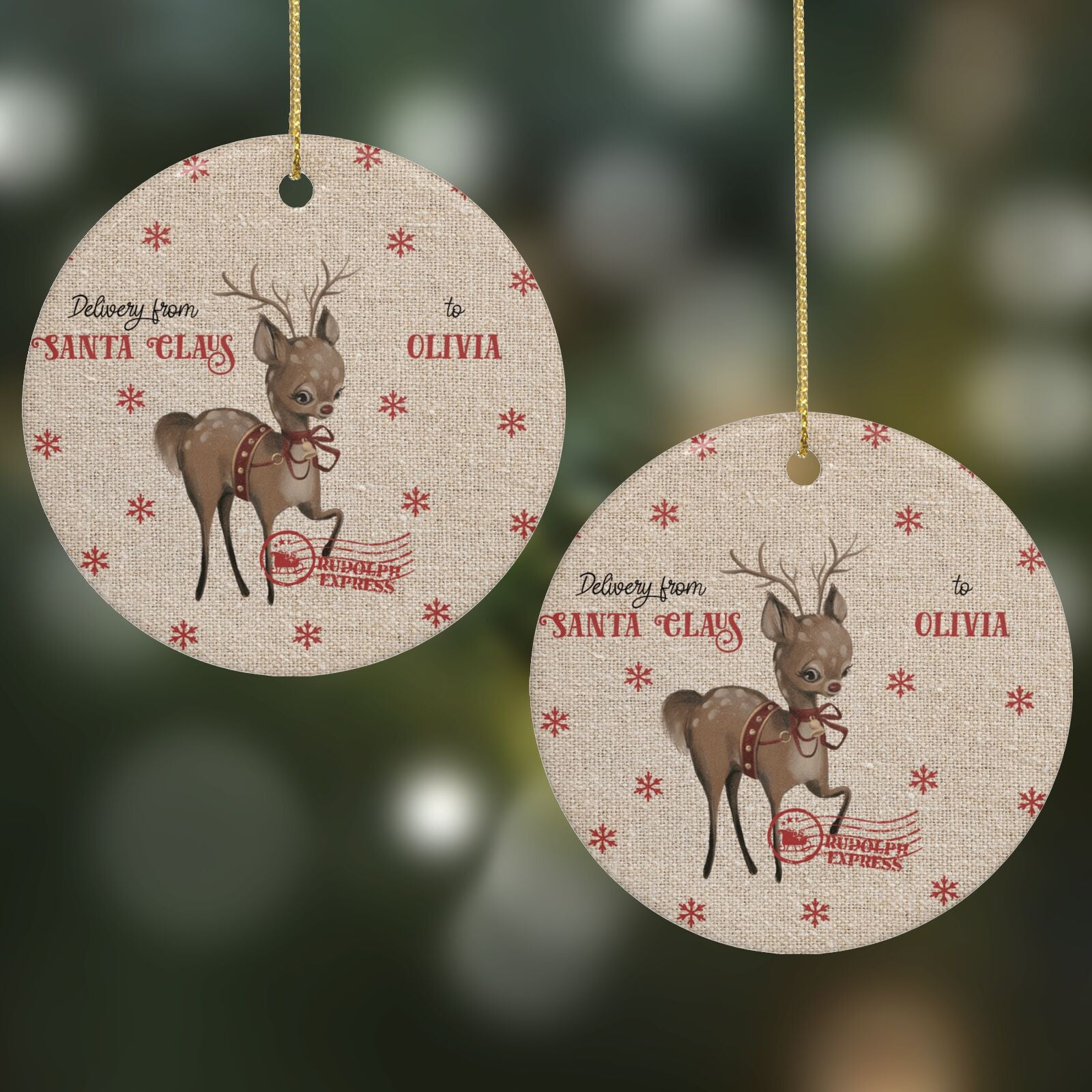 Rudolph Delivery Round Decoration on Christmas Background