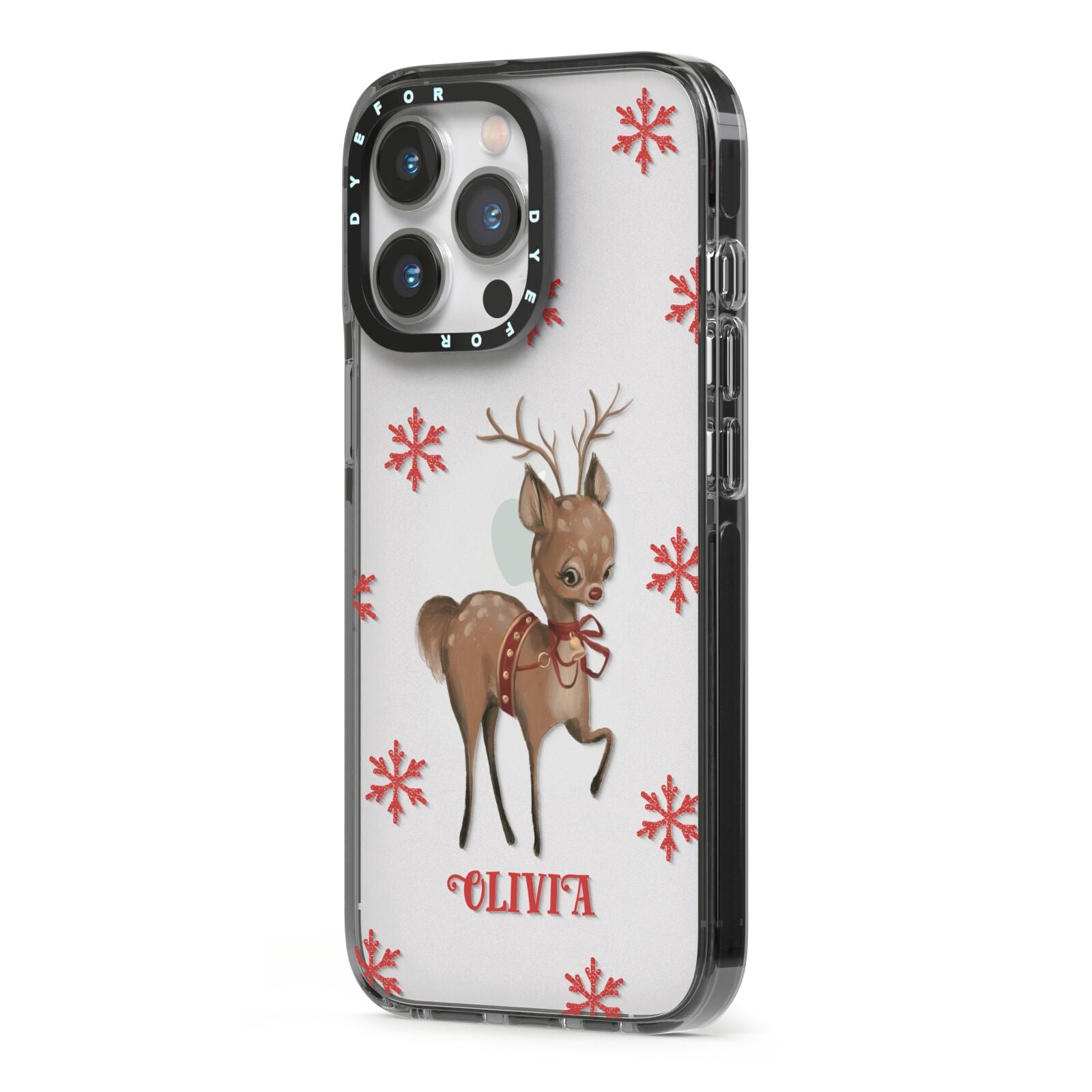 Rudolph Delivery iPhone 13 Pro Black Impact Case Side Angle on Silver phone