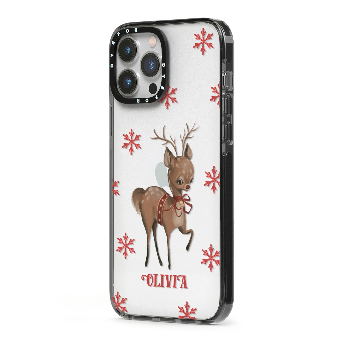 Rudolph Delivery iPhone 13 Pro Max Black Impact Case Side Angle on Silver phone