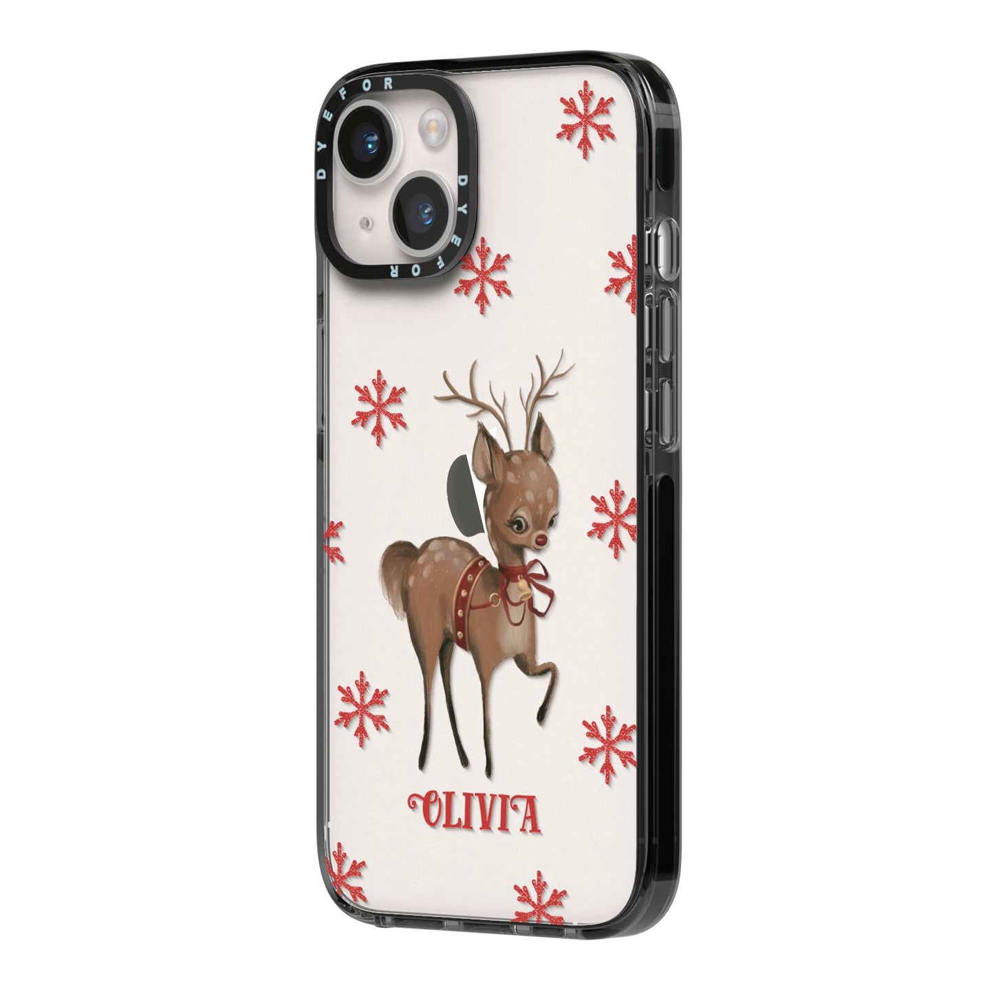 Rudolph Delivery iPhone 14 Black Impact Case Side Angle on Silver phone