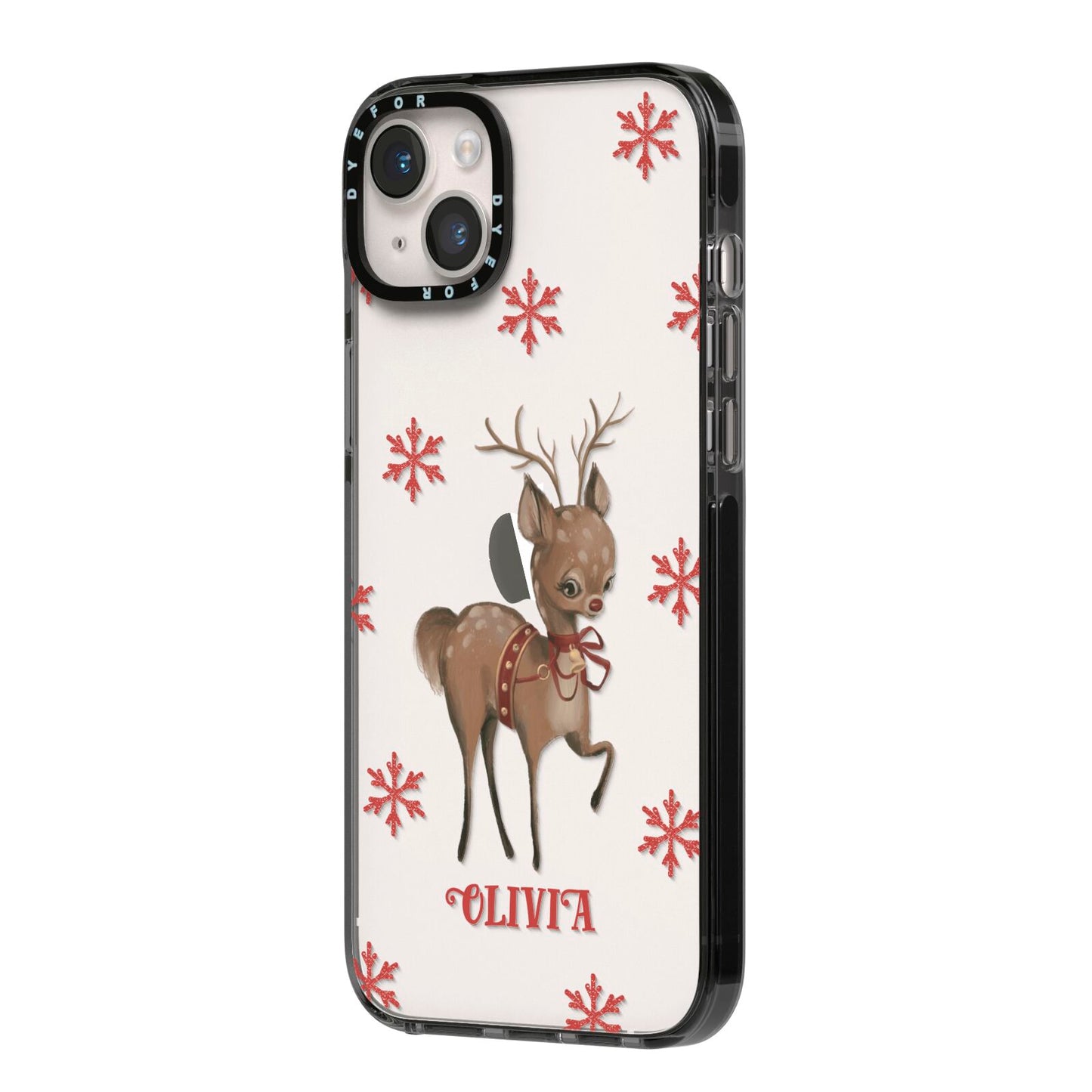 Rudolph Delivery iPhone 14 Plus Black Impact Case Side Angle on Silver phone