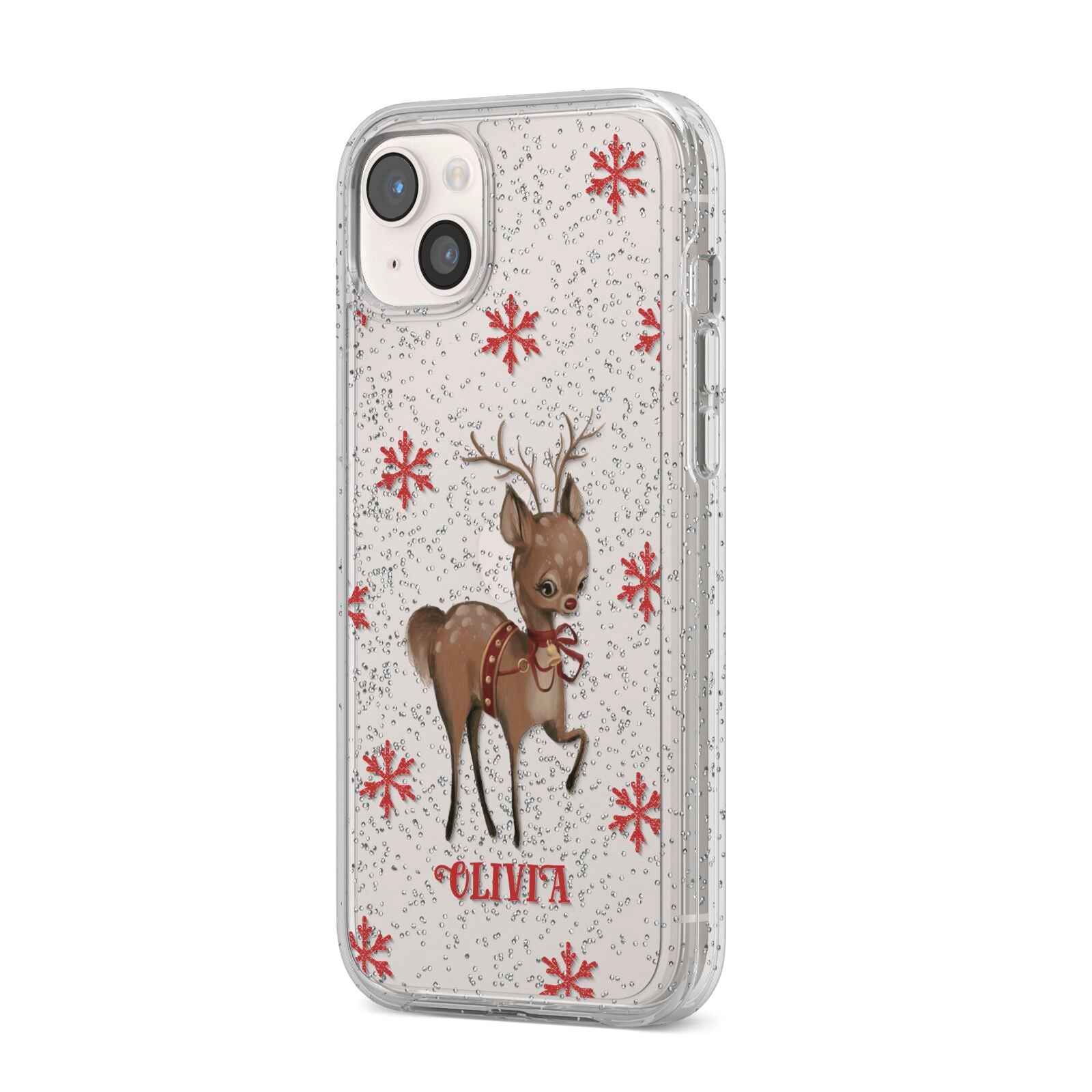 Rudolph Delivery iPhone 14 Plus Glitter Tough Case Starlight Angled Image