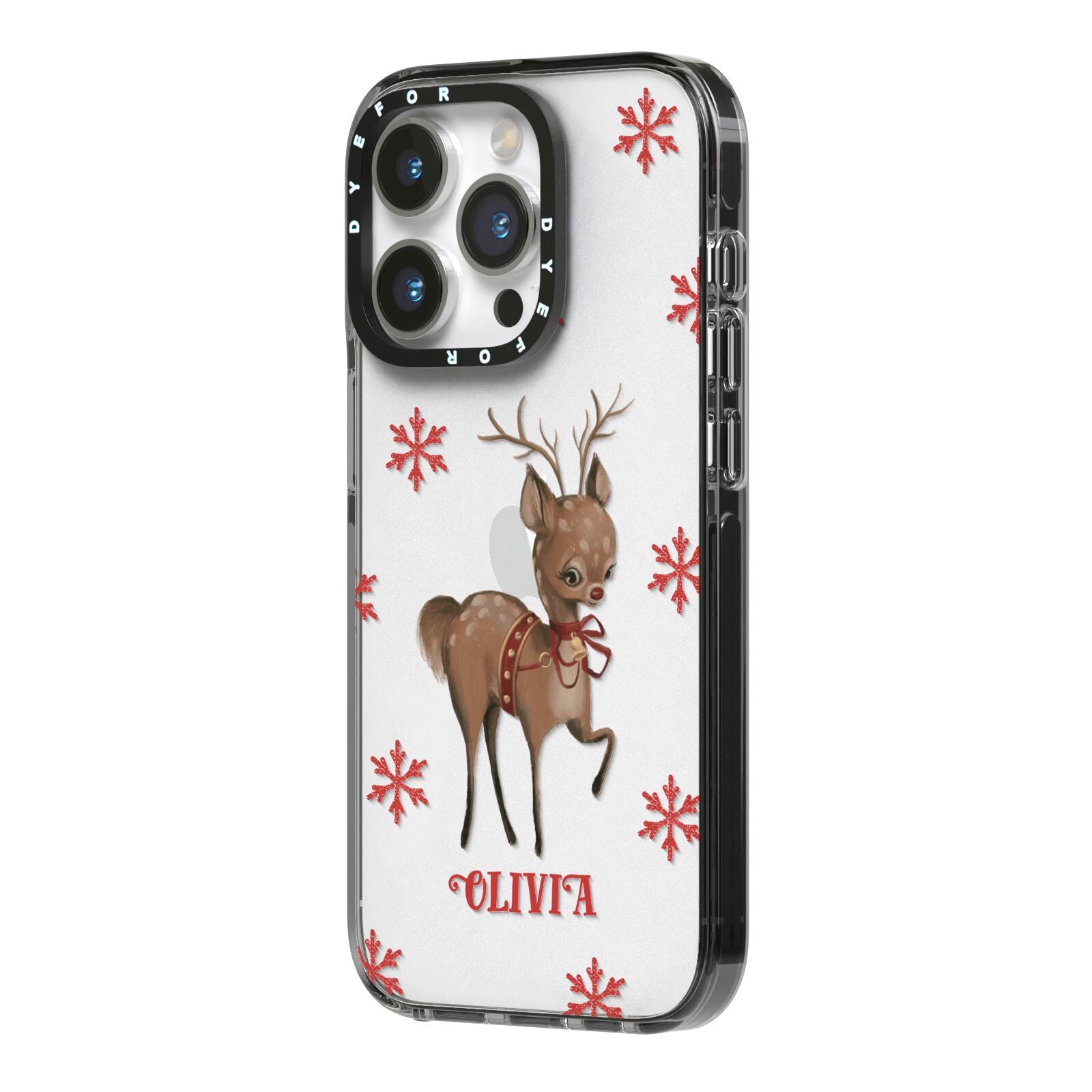 Rudolph Delivery iPhone 14 Pro Black Impact Case Side Angle on Silver phone