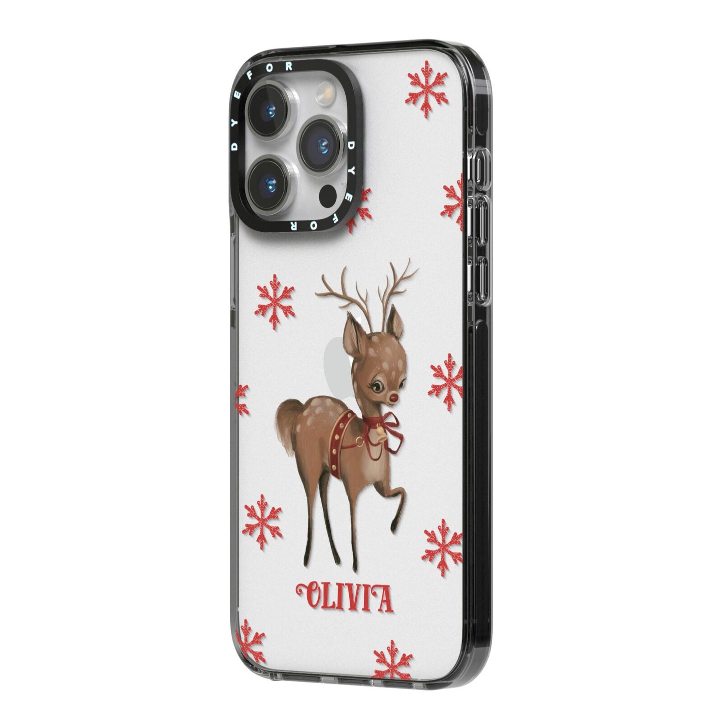 Rudolph Delivery iPhone 14 Pro Max Black Impact Case Side Angle on Silver phone