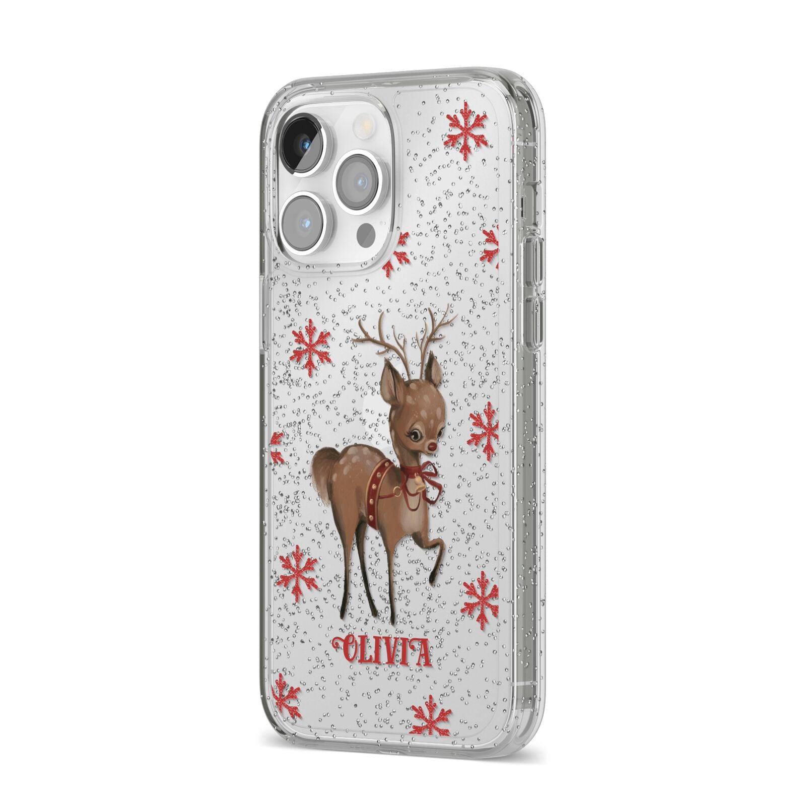 Rudolph Delivery iPhone 14 Pro Max Glitter Tough Case Silver Angled Image