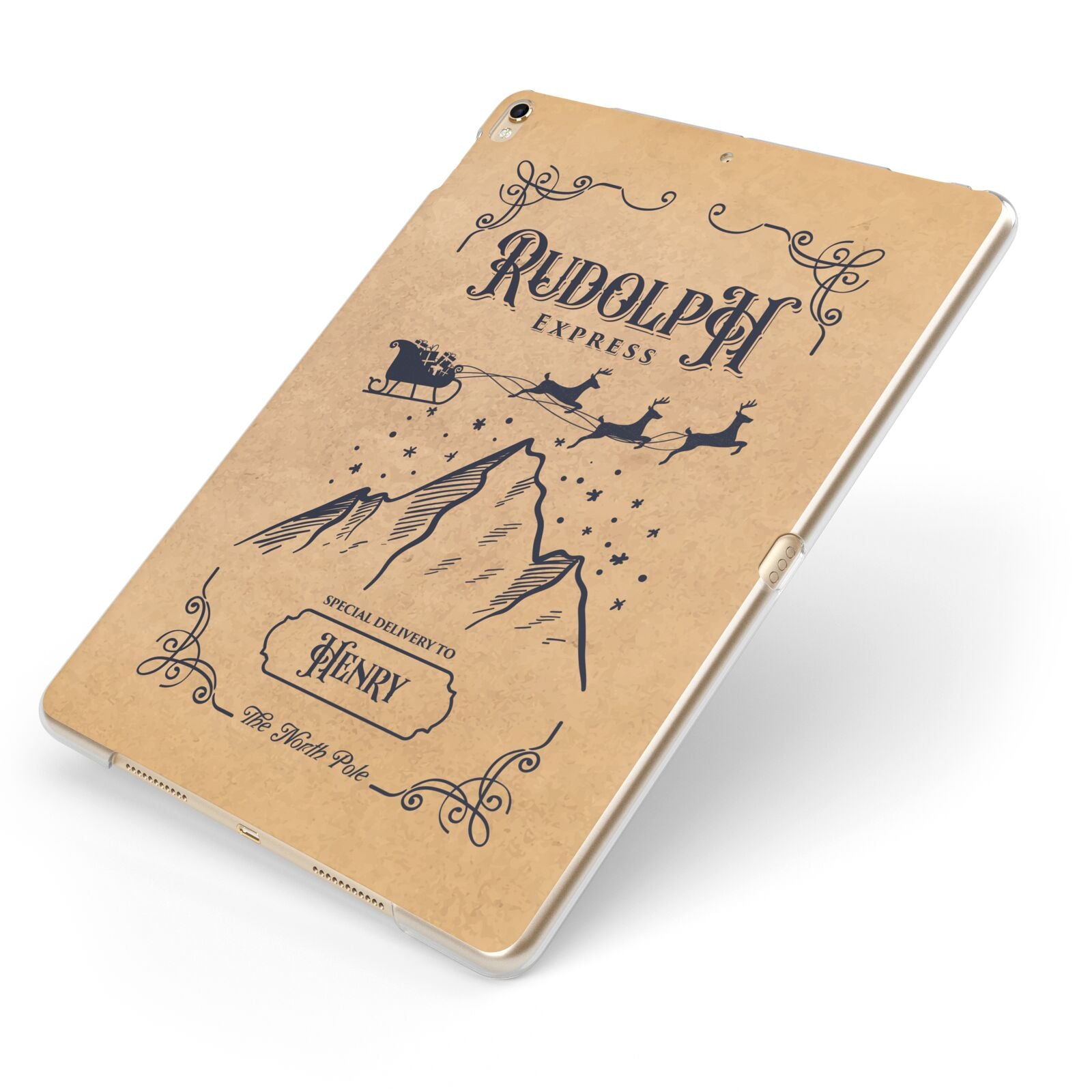 Rudolph Express Custom Apple iPad Case on Gold iPad Side View