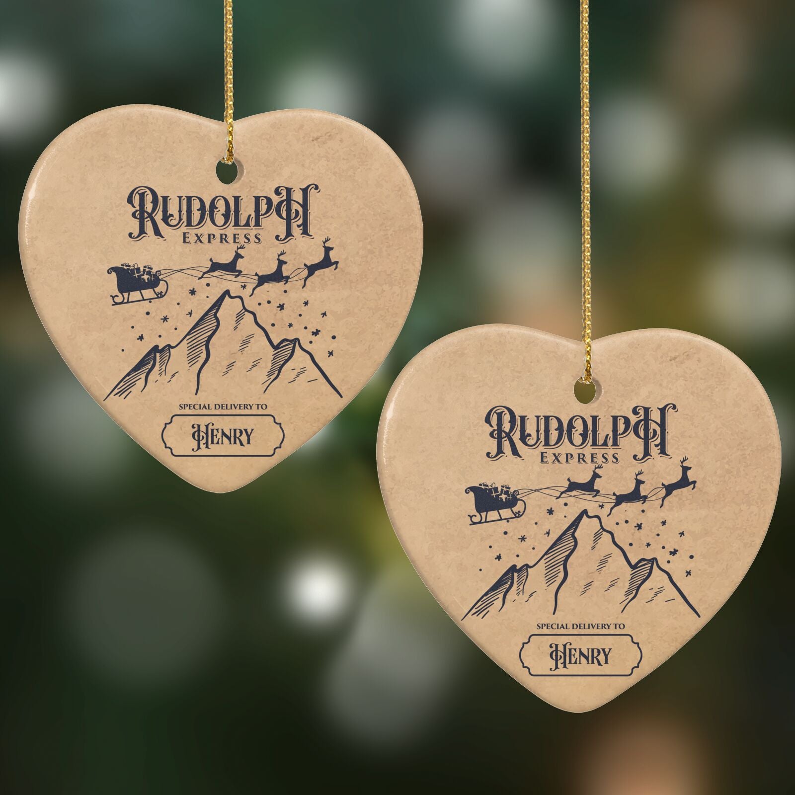 Rudolph Express Custom Heart Decoration on Christmas Background