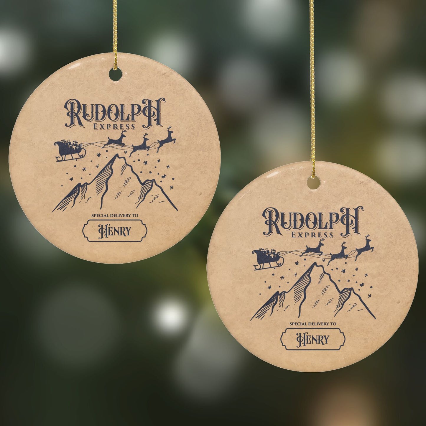 Rudolph Express Custom Round Decoration on Christmas Background