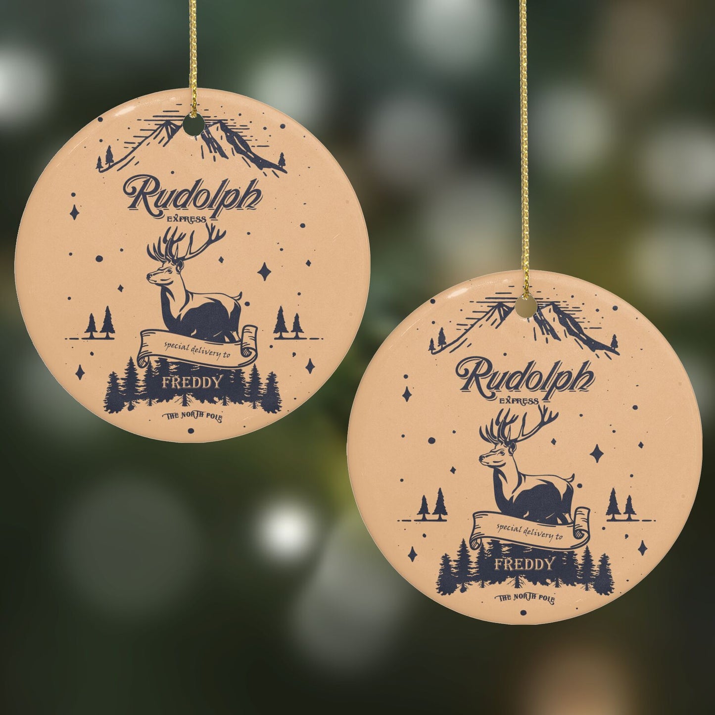 Rudolph Express Personalised Round Decoration on Christmas Background