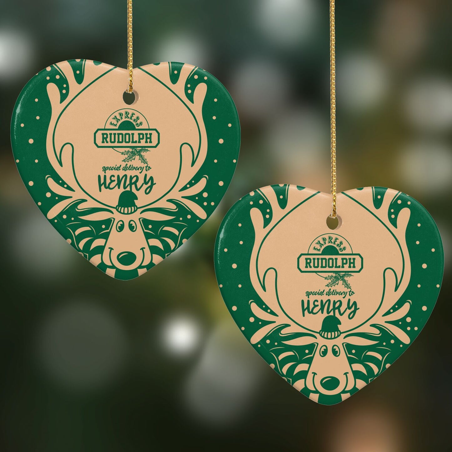 Rudolph Personalised Heart Decoration on Christmas Background