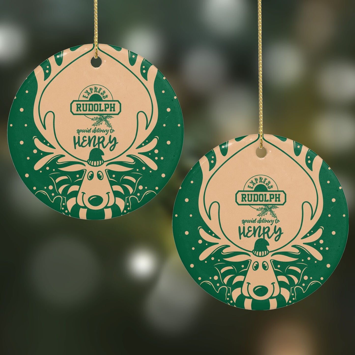 Rudolph Personalised Round Decoration on Christmas Background