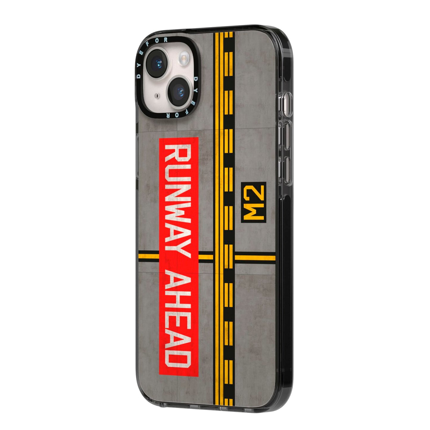 Runway Ahead iPhone 14 Plus Black Impact Case Side Angle on Silver phone