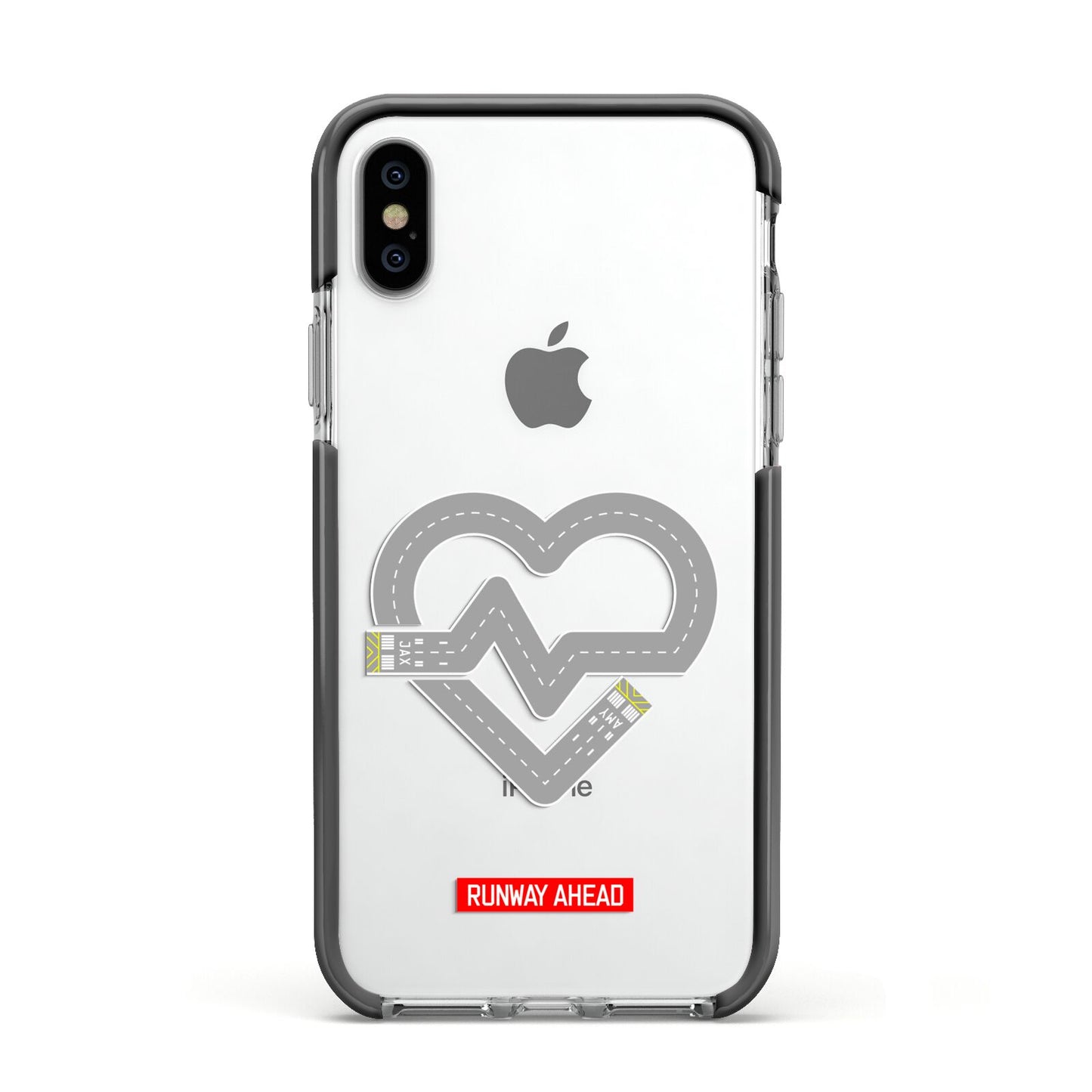 Runway Love Heart Apple iPhone Xs Impact Case Black Edge on Silver Phone