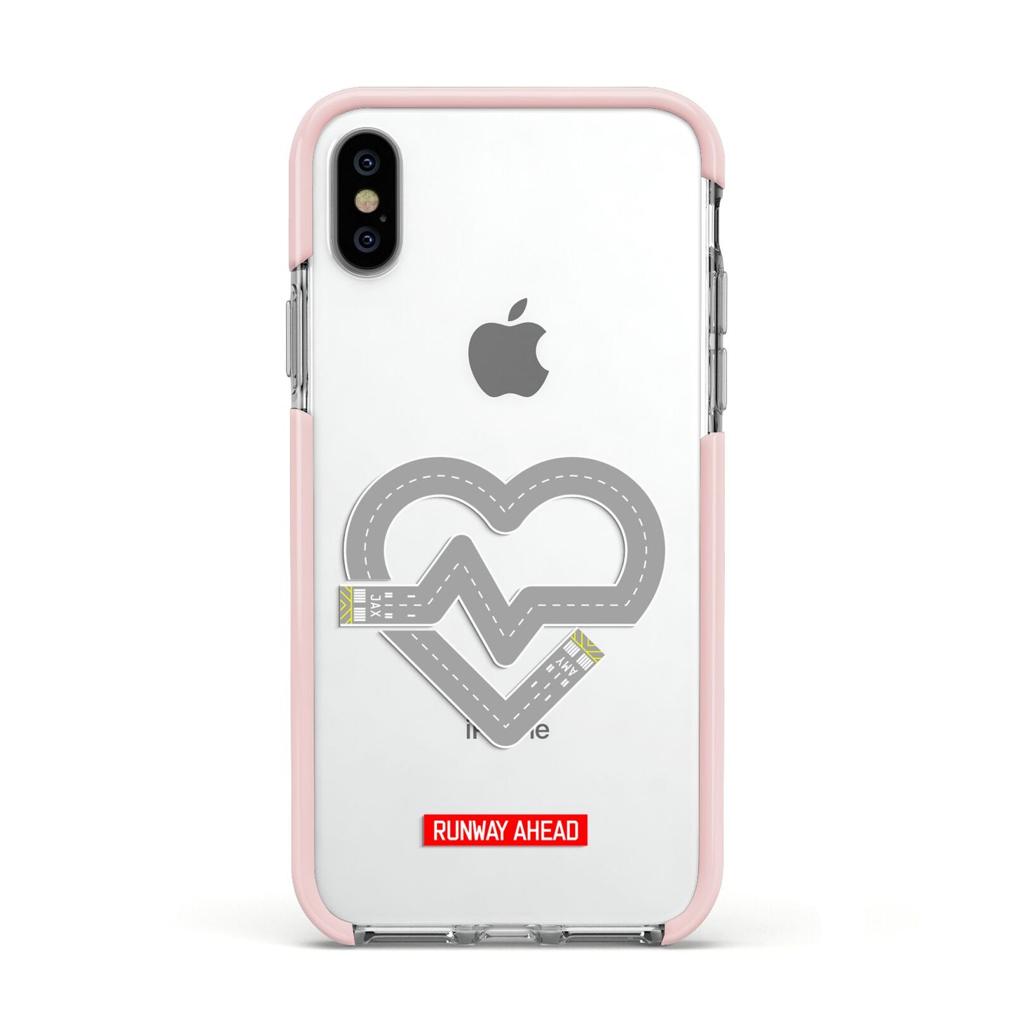 Runway Love Heart Apple iPhone Xs Impact Case Pink Edge on Silver Phone