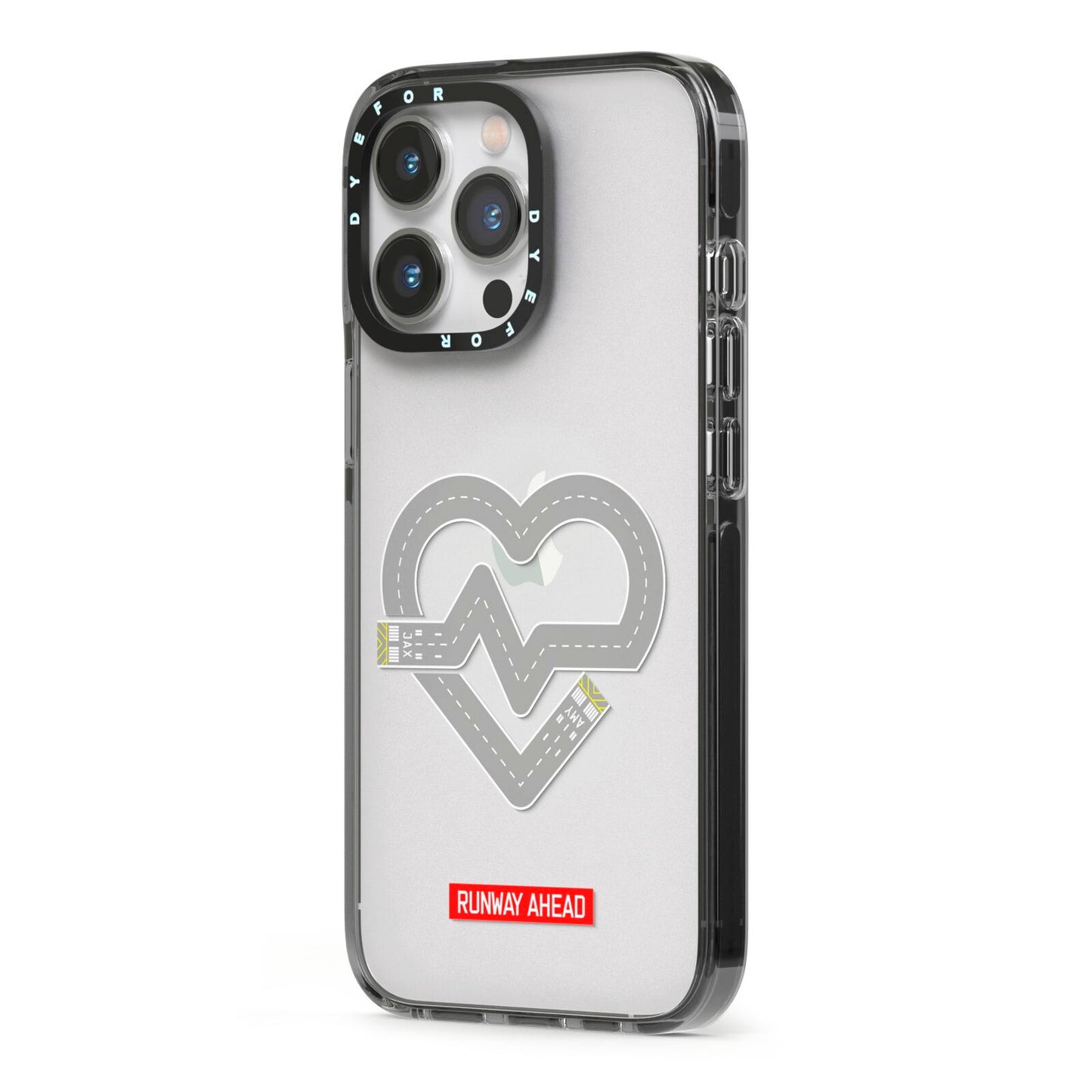 Runway Love Heart iPhone 13 Pro Black Impact Case Side Angle on Silver phone