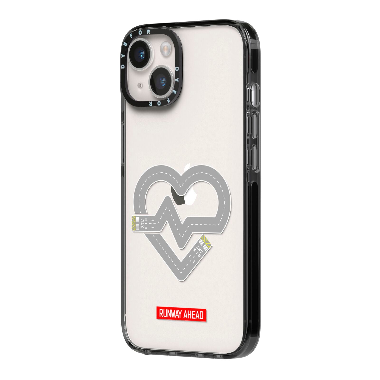 Runway Love Heart iPhone 14 Black Impact Case Side Angle on Silver phone