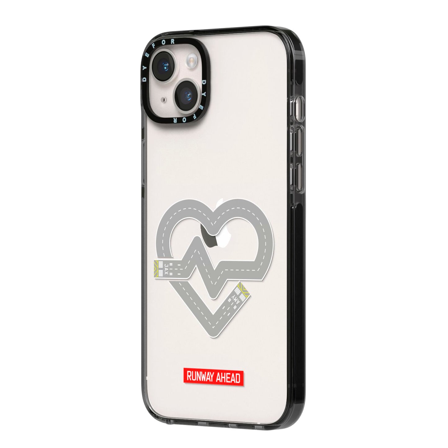 Runway Love Heart iPhone 14 Plus Black Impact Case Side Angle on Silver phone