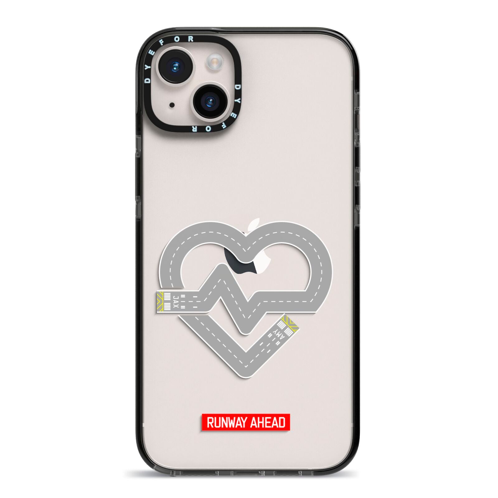 Runway Love Heart iPhone 14 Plus Black Impact Case on Silver phone