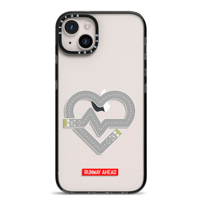 Runway Love Heart iPhone 14 Plus Black Impact Case on Silver phone