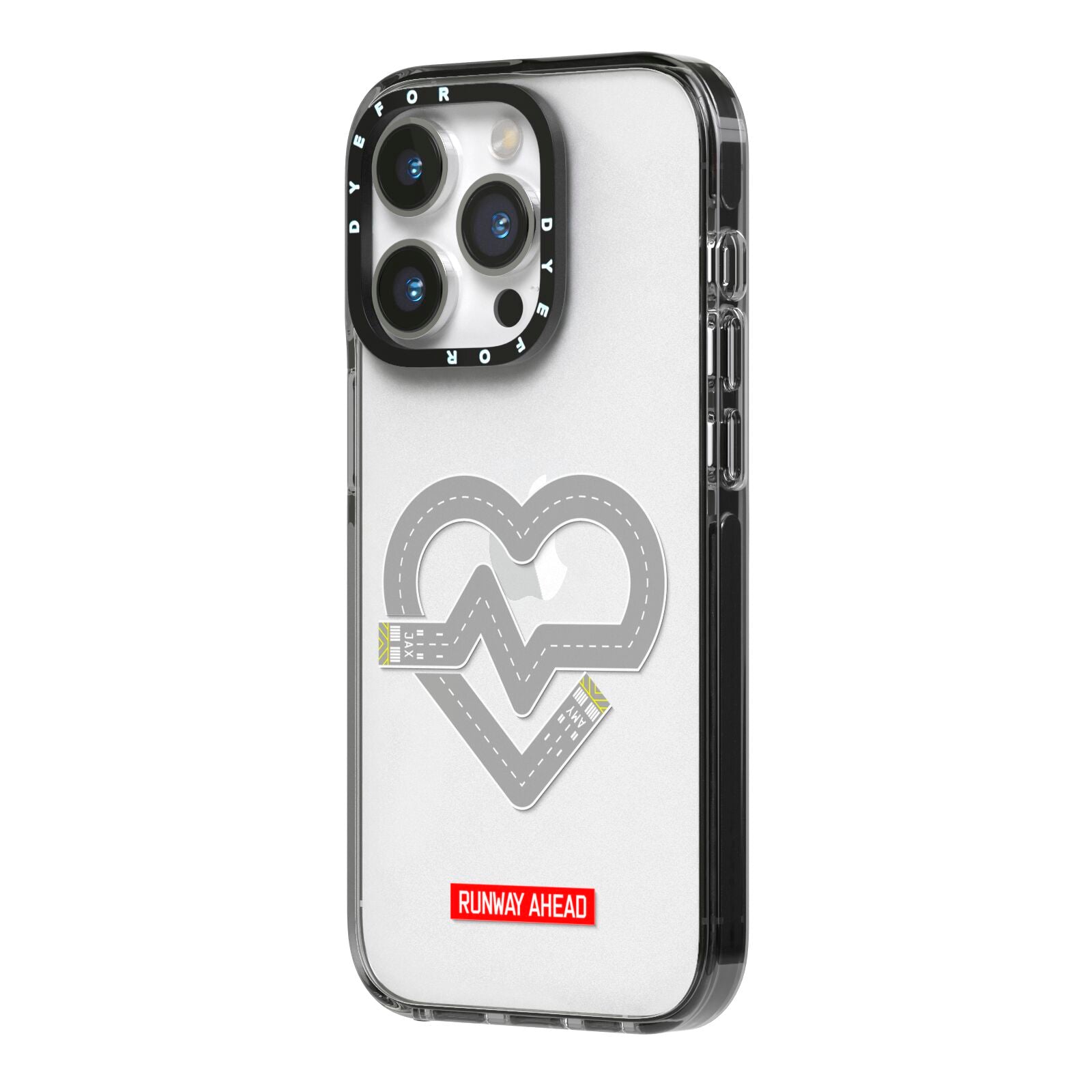 Runway Love Heart iPhone 14 Pro Black Impact Case Side Angle on Silver phone