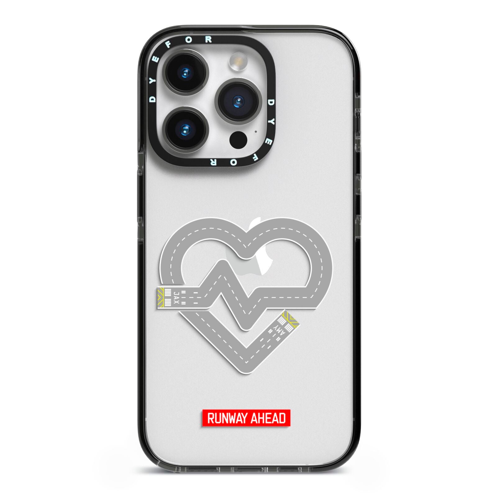 Runway Love Heart iPhone 14 Pro Black Impact Case on Silver phone