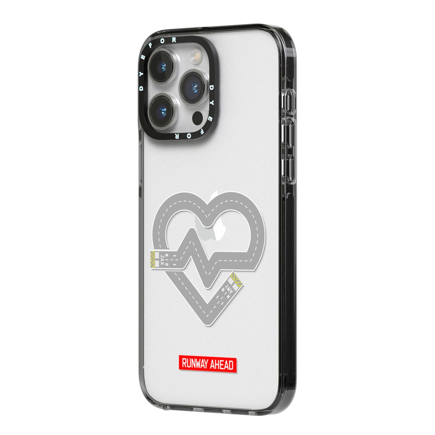 Runway Love Heart iPhone 14 Pro Max Black Impact Case Side Angle on Silver phone