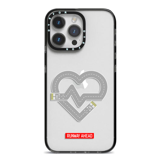 Runway Love Heart iPhone 14 Pro Max Black Impact Case on Silver phone