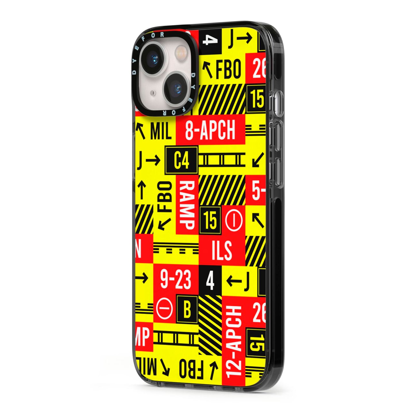 Runway Signs iPhone 13 Black Impact Case Side Angle on Silver phone