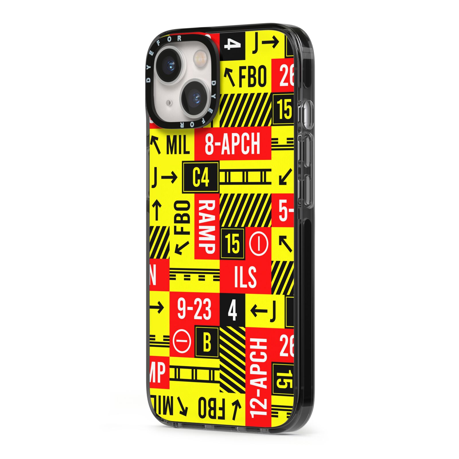Runway Signs iPhone 13 Black Impact Case Side Angle on Silver phone