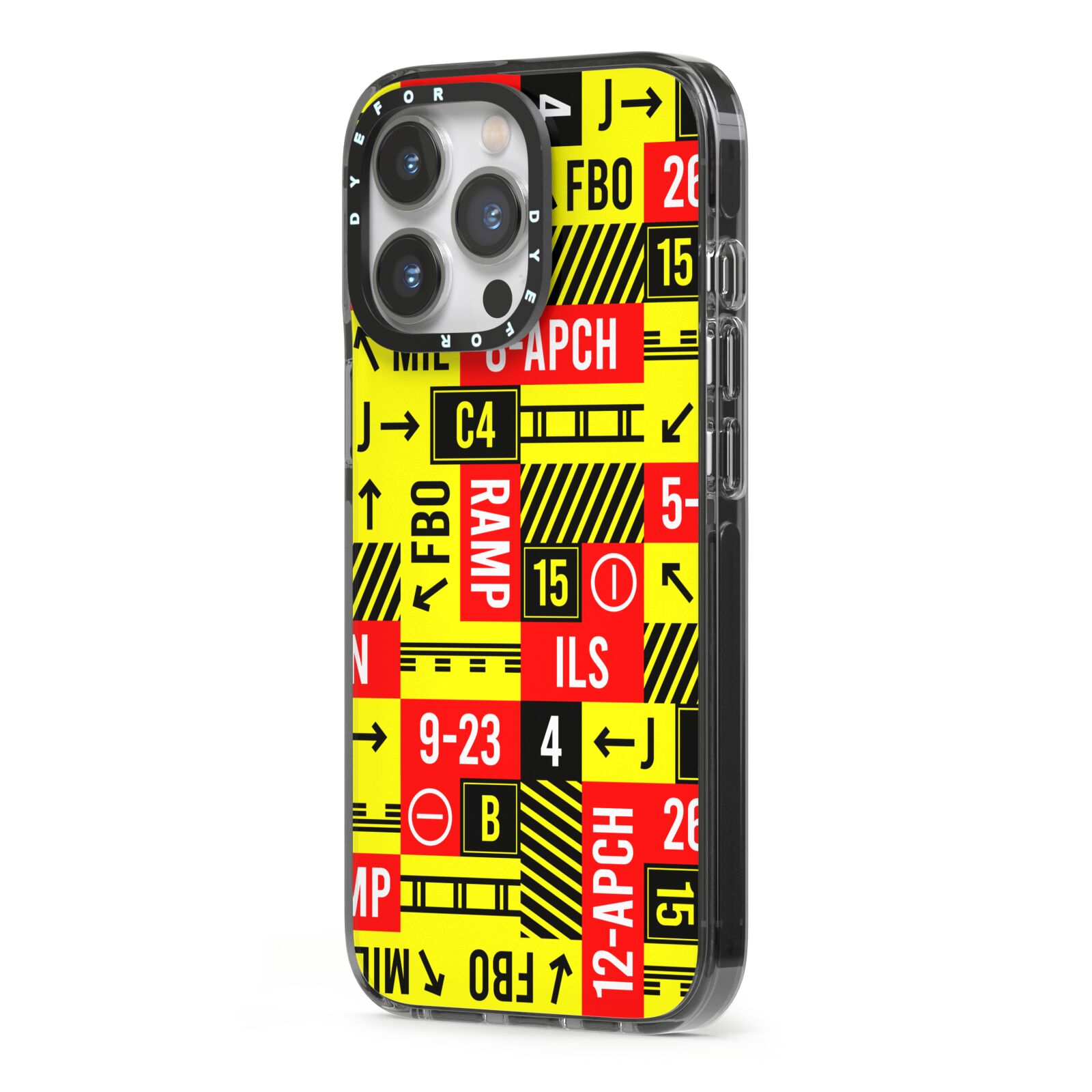 Runway Signs iPhone 13 Pro Black Impact Case Side Angle on Silver phone