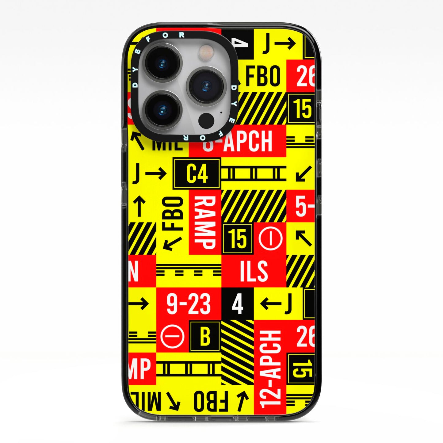 Runway Signs iPhone 13 Pro Black Impact Case on Silver phone