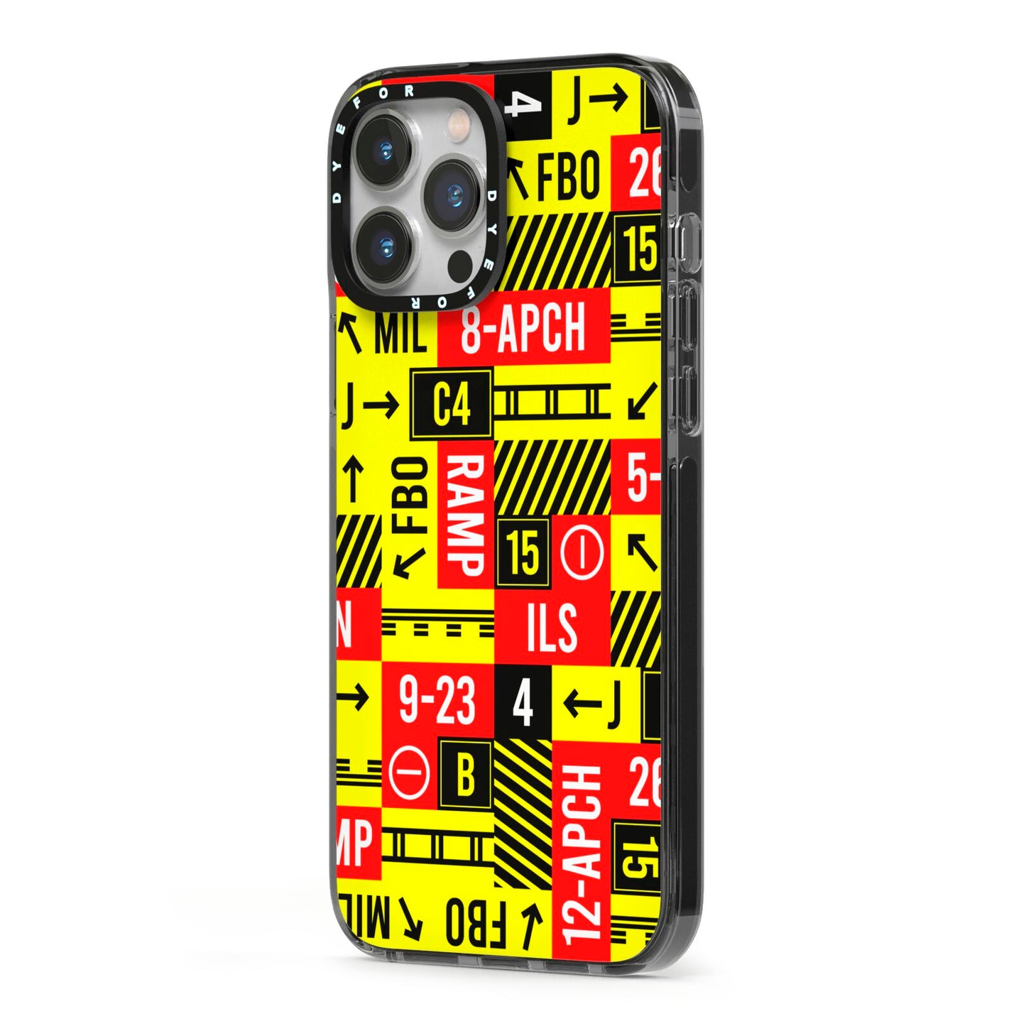 Runway Signs iPhone 13 Pro Max Black Impact Case Side Angle on Silver phone