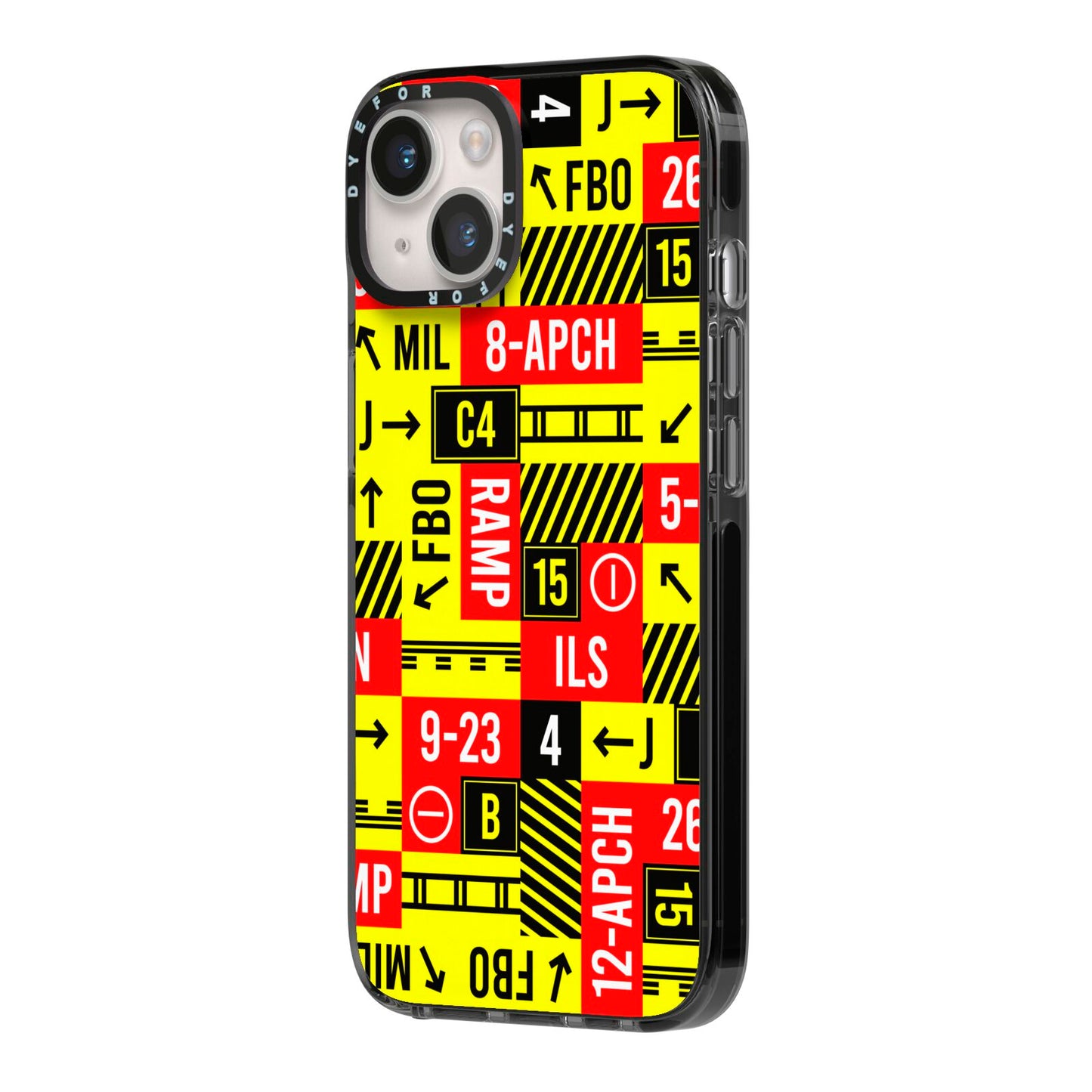 Runway Signs iPhone 14 Black Impact Case Side Angle on Silver phone