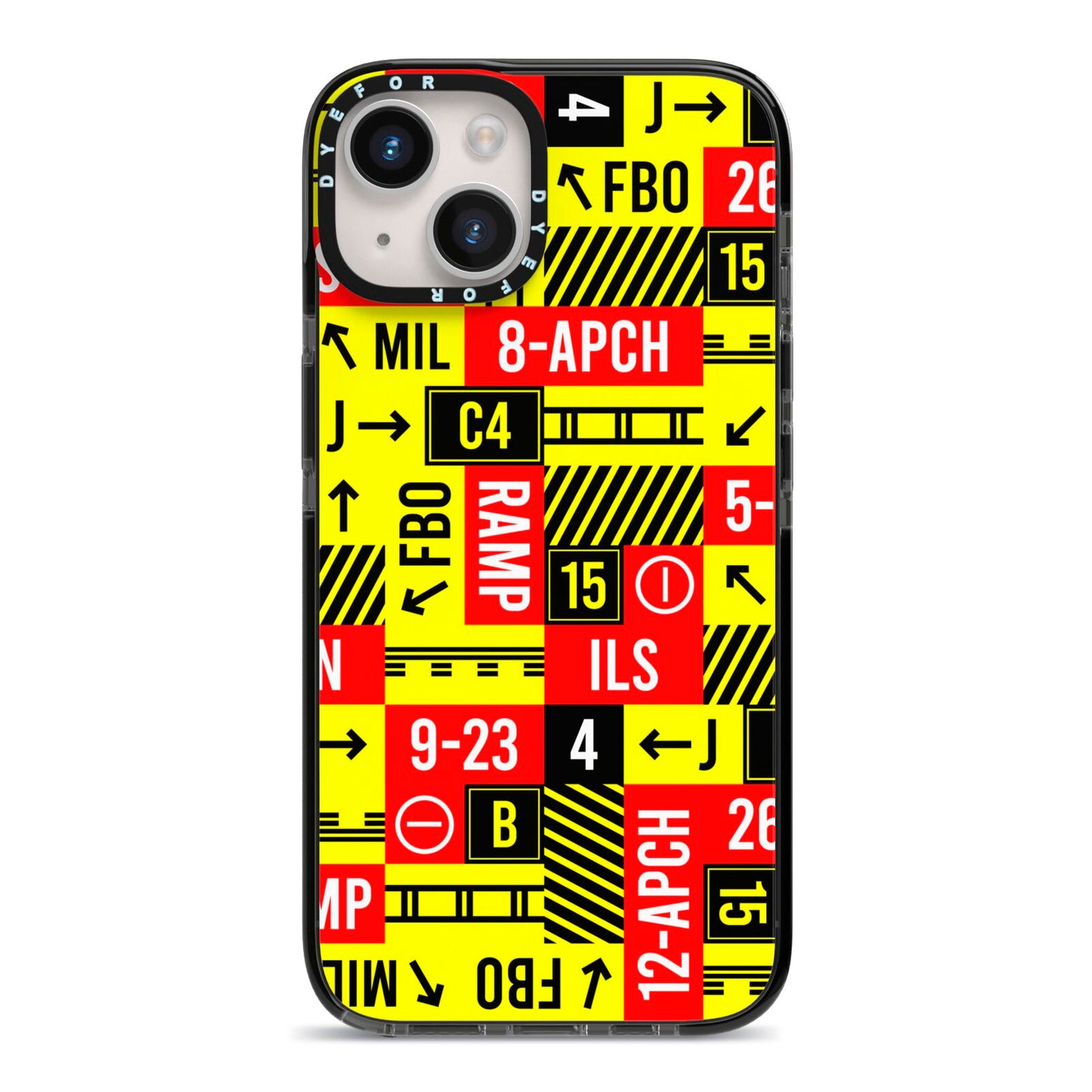 Runway Signs iPhone 14 Black Impact Case on Silver phone