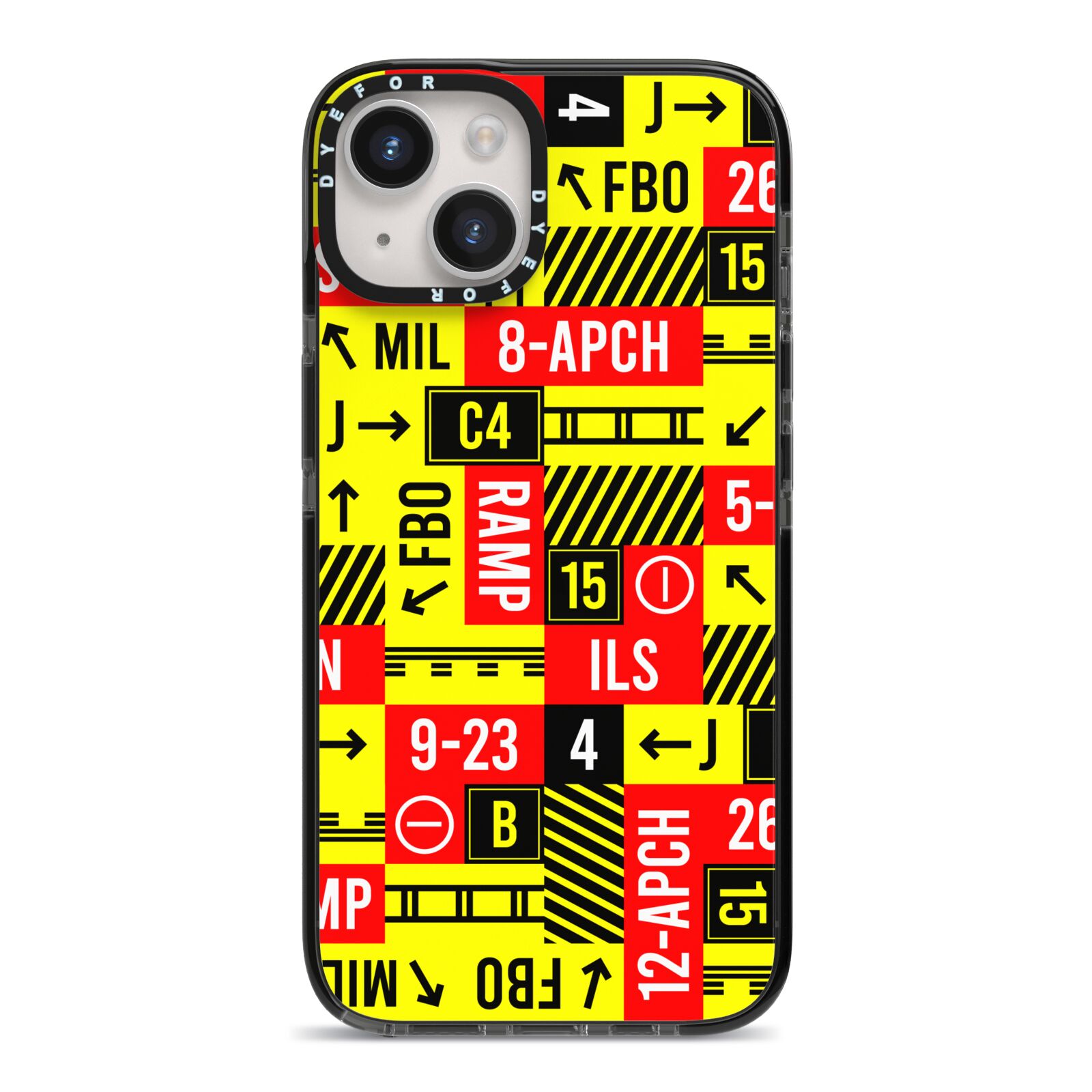 Runway Signs iPhone 14 Black Impact Case on Silver phone