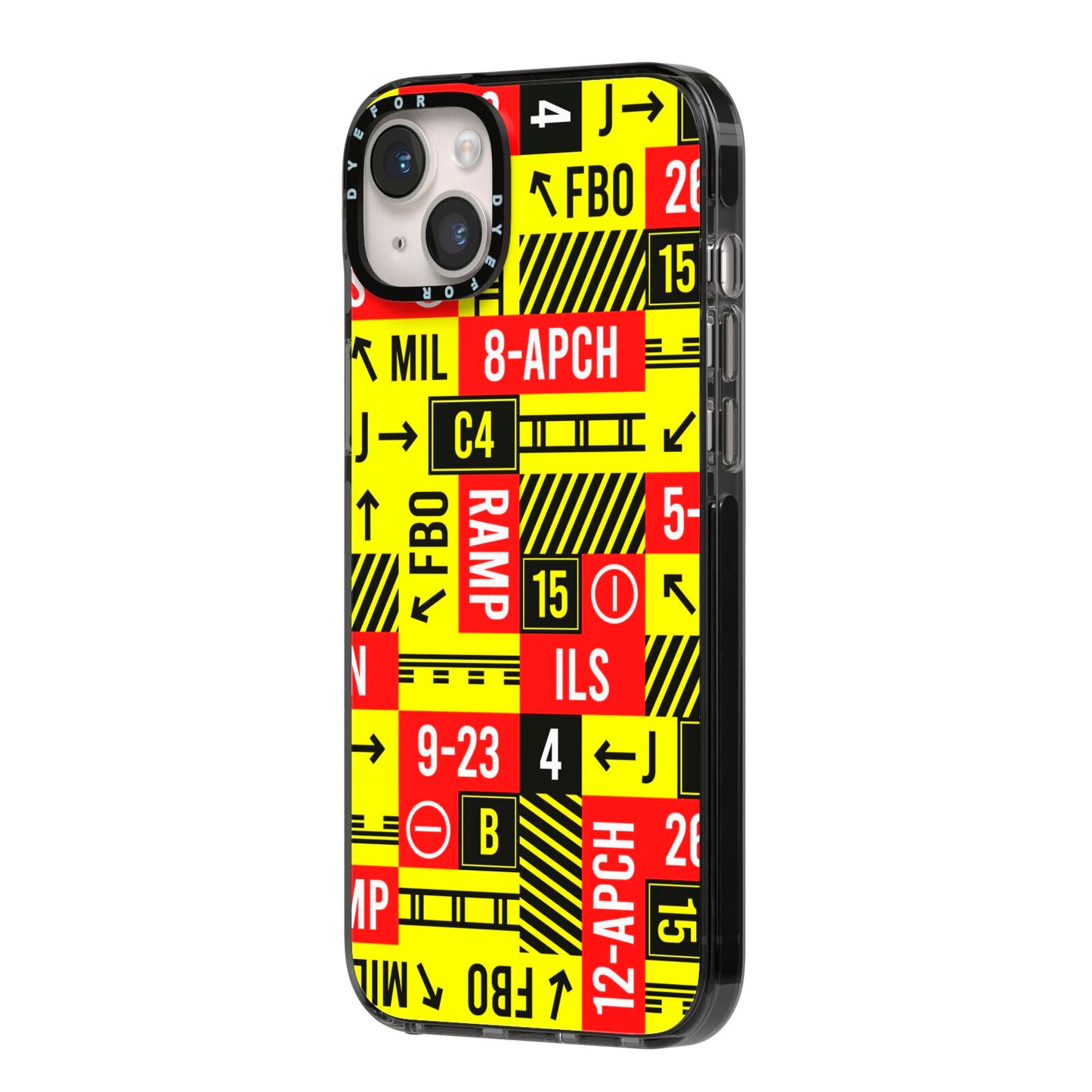 Runway Signs iPhone 14 Plus Black Impact Case Side Angle on Silver phone