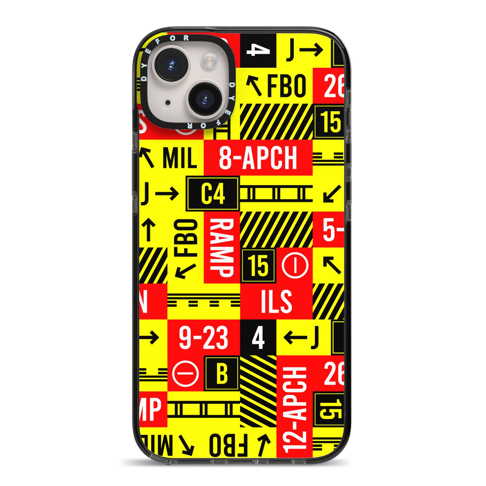 Runway Signs iPhone 14 Plus Black Impact Case on Silver phone