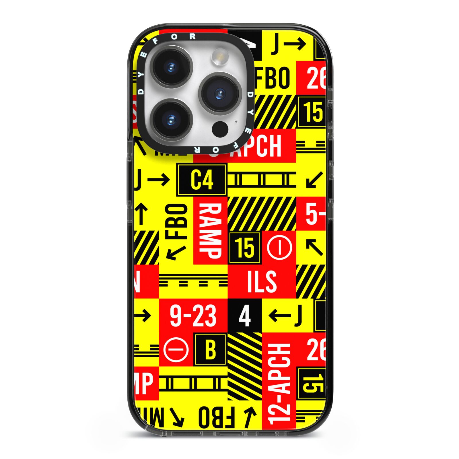 Runway Signs iPhone 14 Pro Black Impact Case on Silver phone