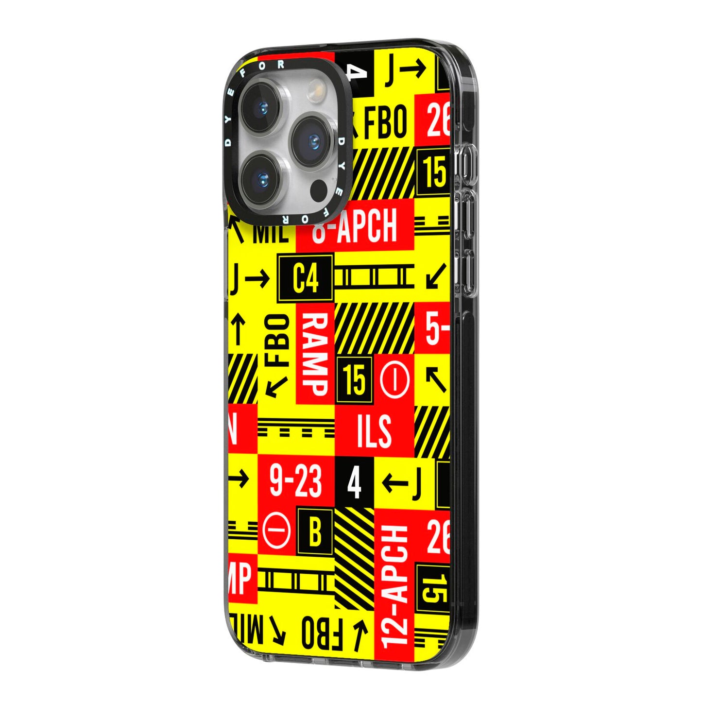 Runway Signs iPhone 14 Pro Max Black Impact Case Side Angle on Silver phone