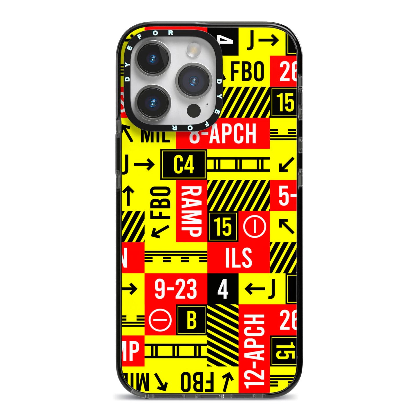 Runway Signs iPhone 14 Pro Max Black Impact Case on Silver phone