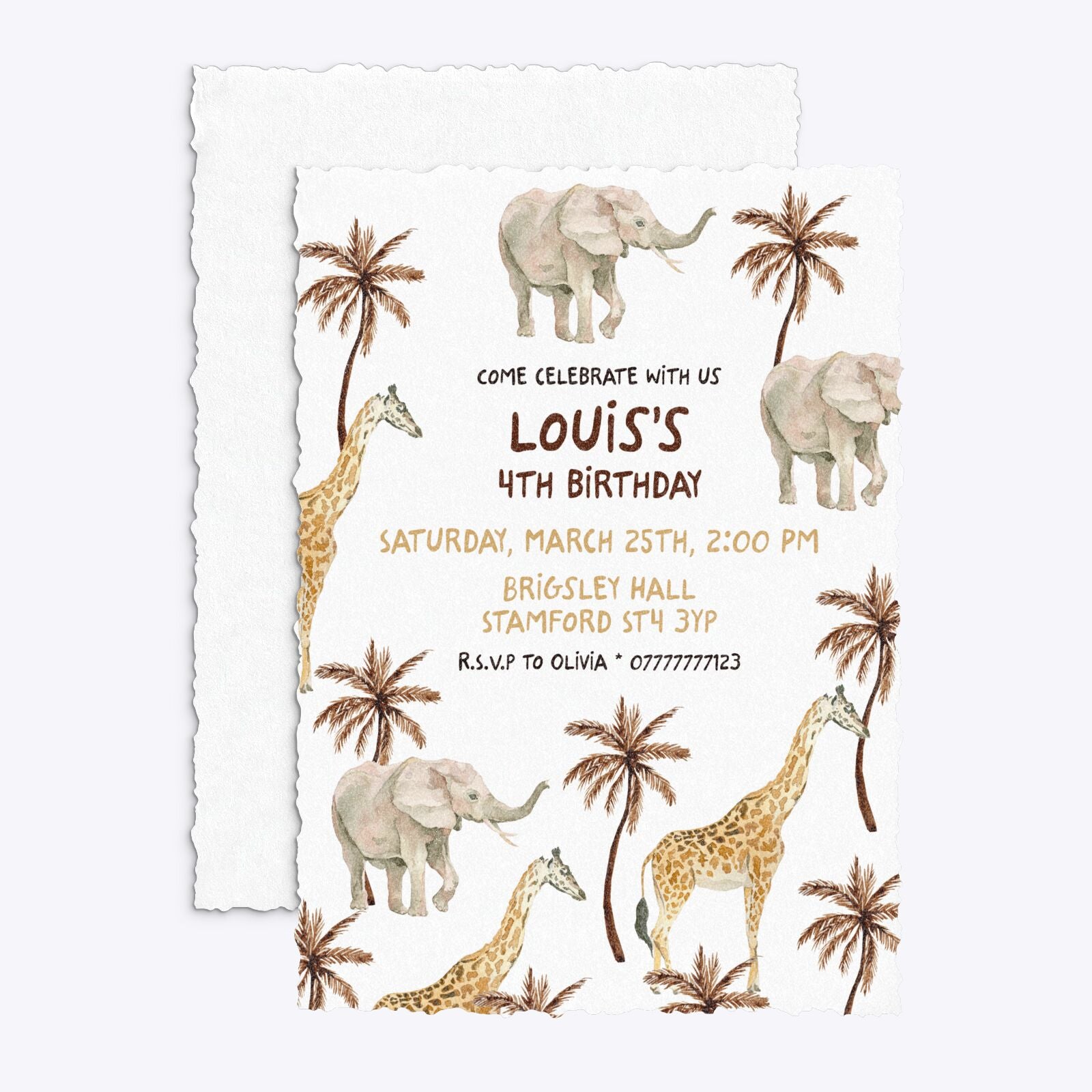 Safari Personalised Happy Birthday Deckle Invitation Glitter Front and Back Image