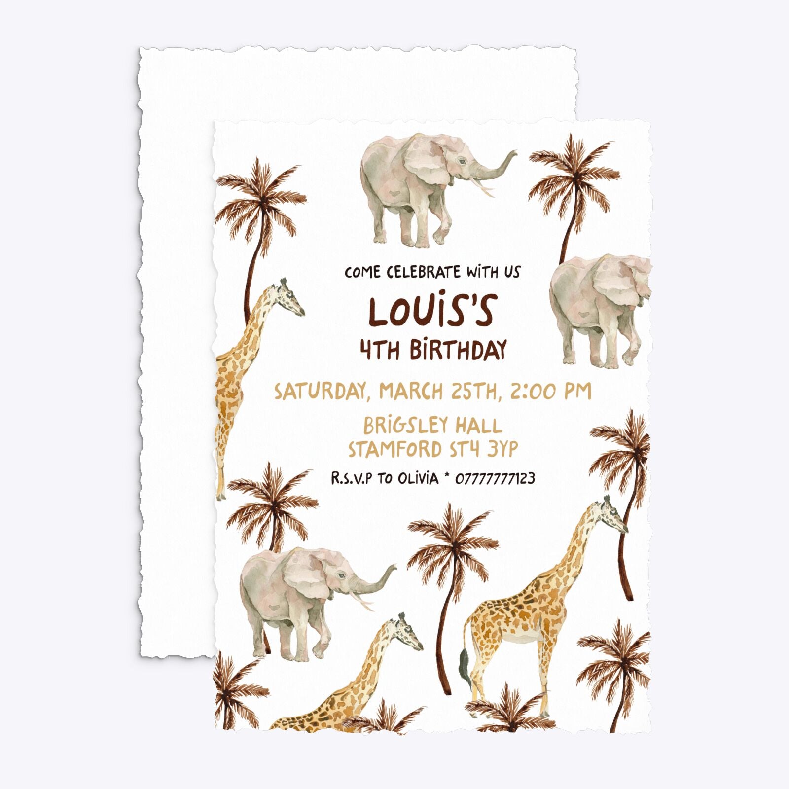 Safari Personalised Happy Birthday Deckle Invitation Matte Paper Front and Back Image