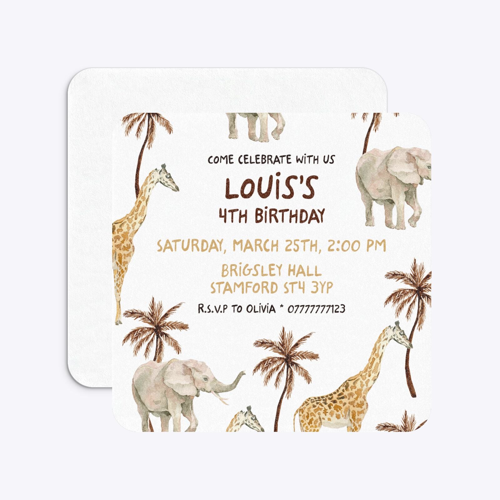 Safari Personalised Happy Birthday Rounded 5 25x5 25 Invitation Glitter Front and Back Image