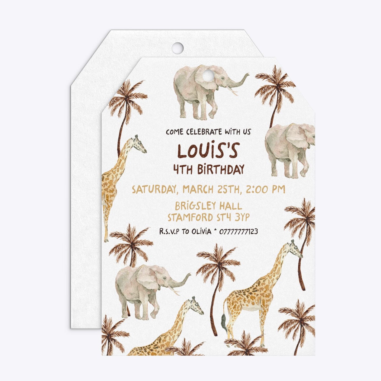 Safari Personalised Happy Birthday Tag Invitation Glitter Front and Back Image