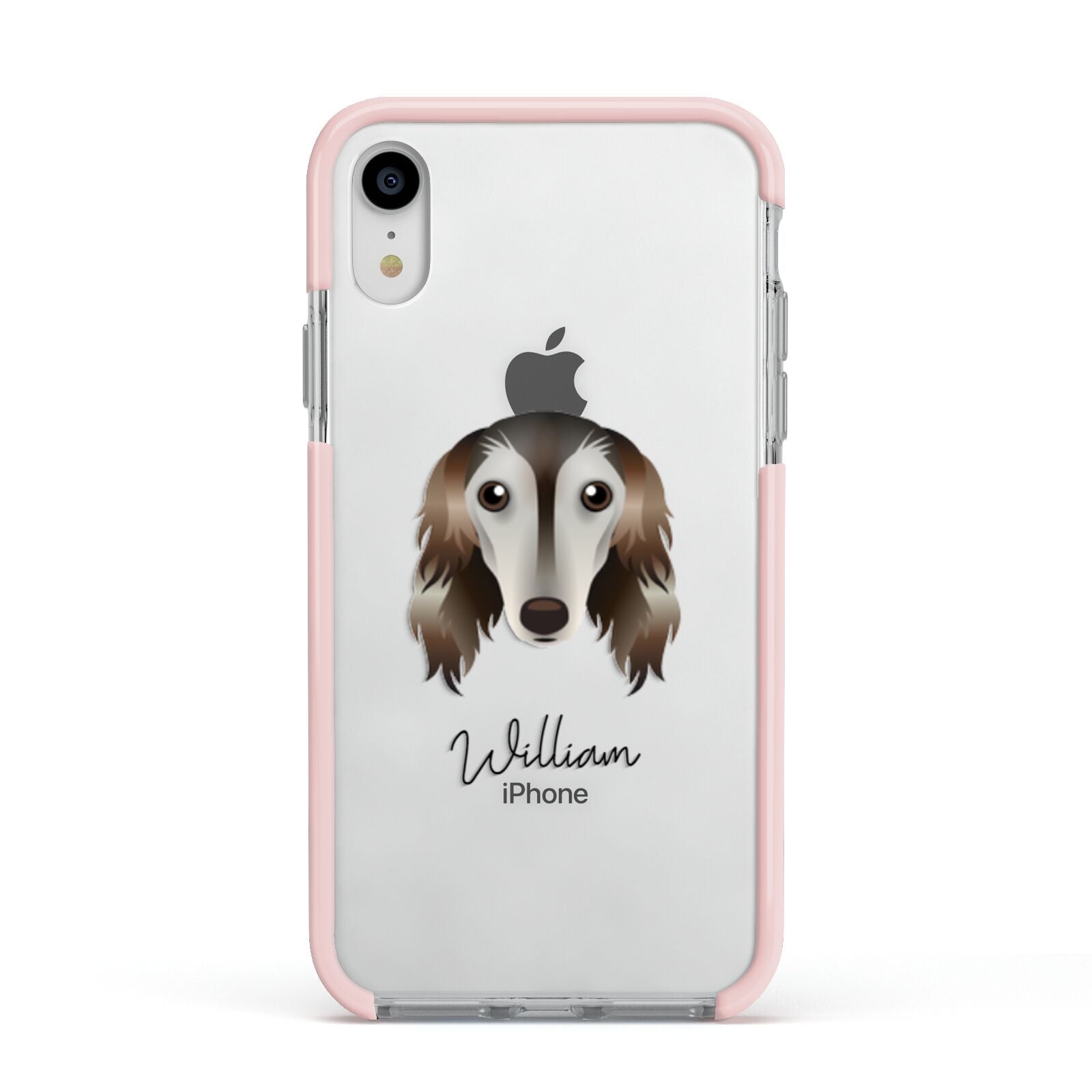 Saluki Personalised Apple iPhone XR Impact Case Pink Edge on Silver Phone